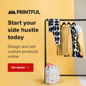 Shopify dashboard and product mockups for starting a Printful or Printify print-on-demand store in 2025